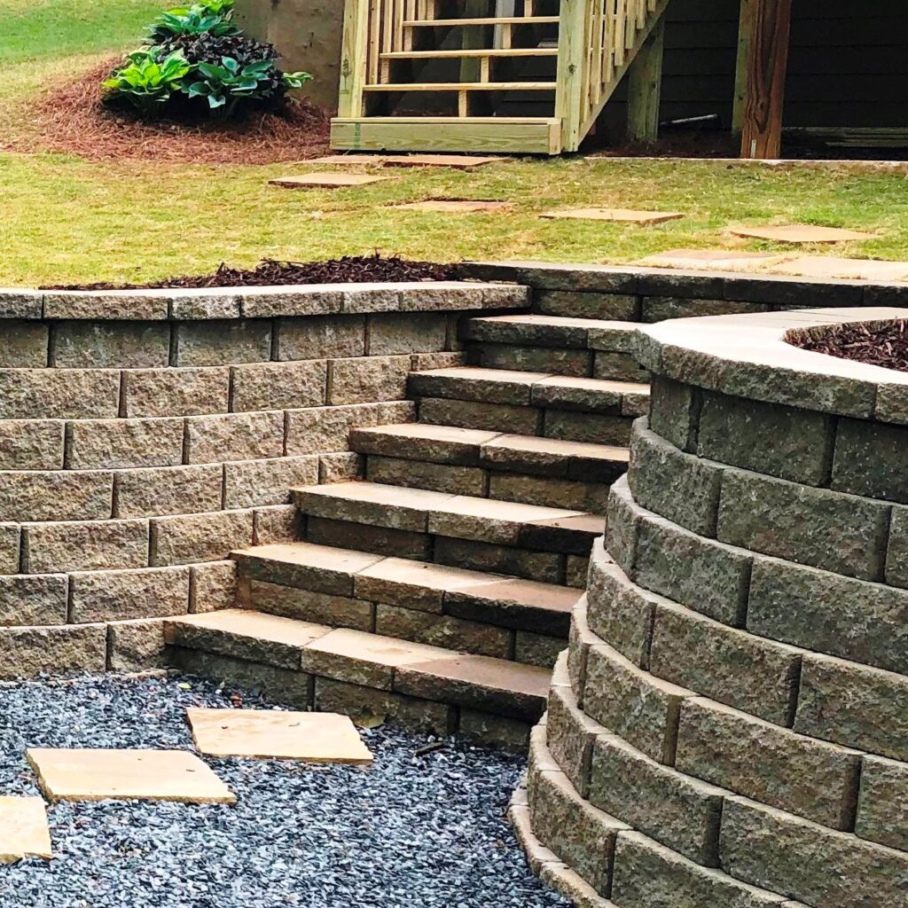 Beautiful curved segmental block wall and stairs Atlanta